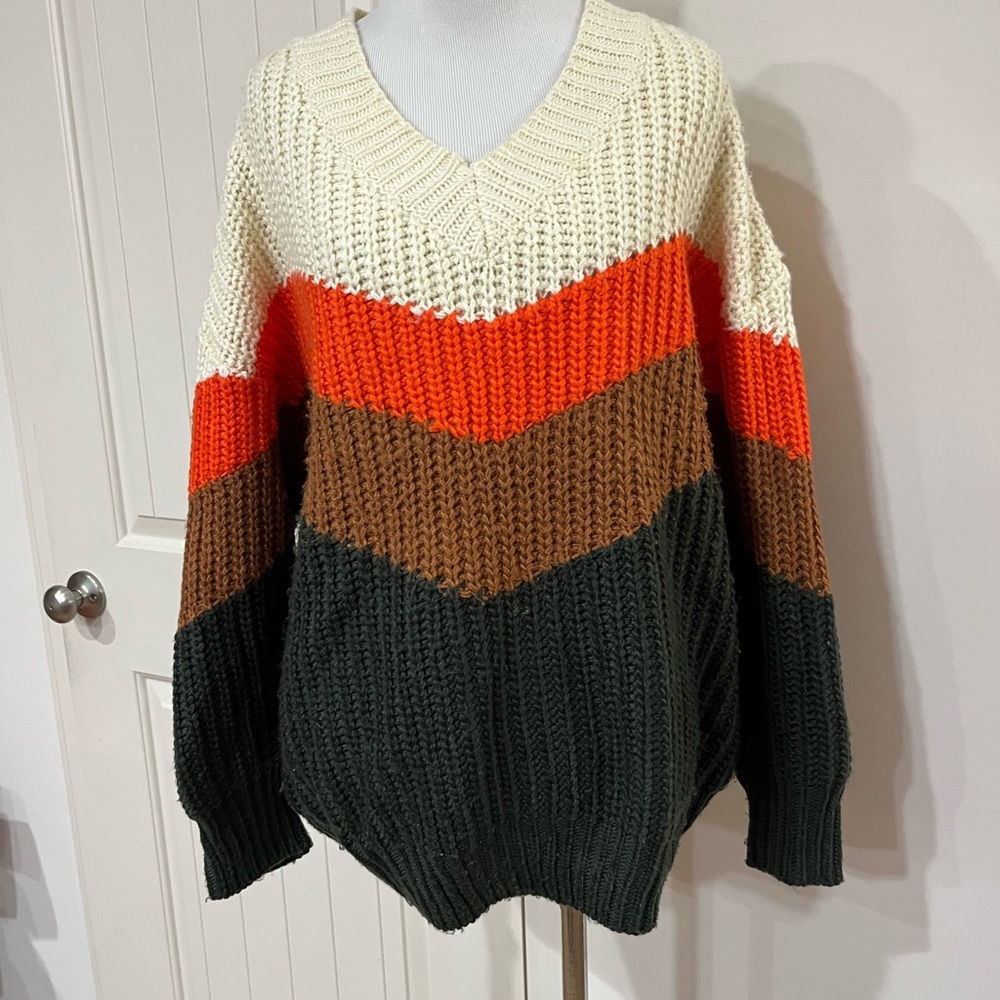 Main Strip V-Neck Sweater in Cream, Orange, and Brown